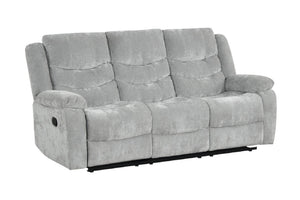 Conjunto de sofá reclinable gris sobre fondo blanco.