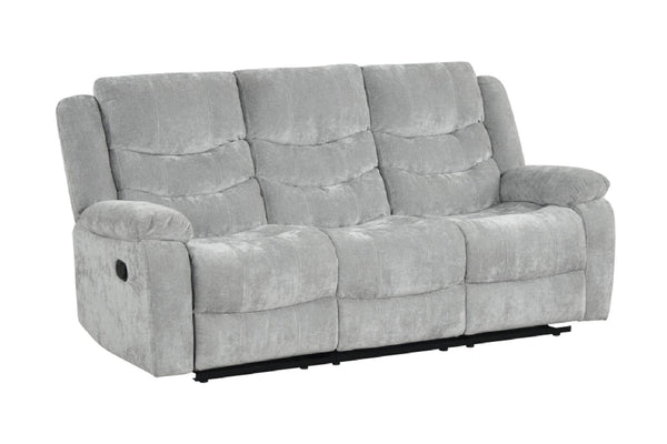 Conjunto de sofá reclinable gris sobre fondo blanco.