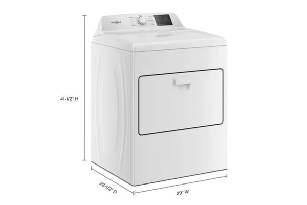 Secadora de gas Whirlpool de carga frontal en color blanco mostrada en vista angular, con medidas visibles de 41.5 pulgadas de alto, 29 pulgadas de ancho y 28.5 pulgadas de profundidad. Incluye panel de control digital superior y diseño moderno para lavandería doméstica.