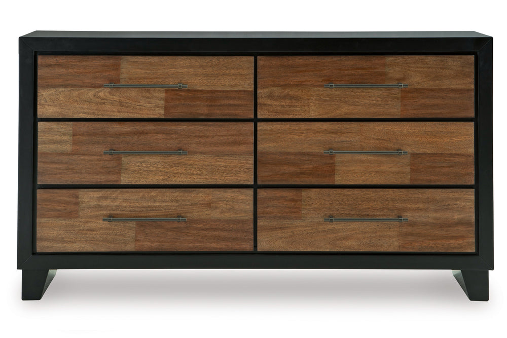 Gavetero de madera con seis gavetas sobre fondo blanco.