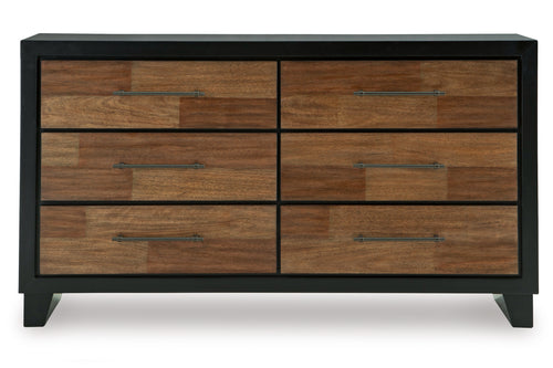 Gavetero de madera con seis gavetas sobre fondo blanco.