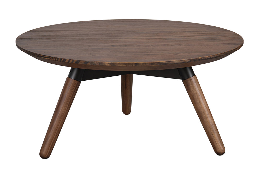 Mesa de centro redonda hecha de madera con color marrón sobre un fondo blanco. 