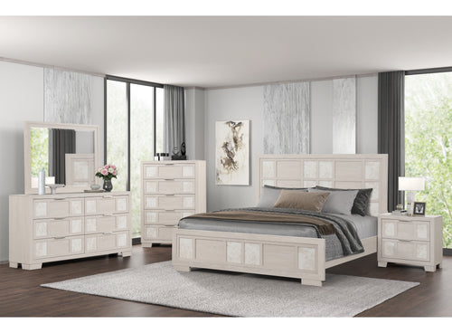 Juego de habitación de 7 piezas en color crema claro o blanco hueso con acabado envejecido, que incluye cama, mesa de noche, gavetero, cómoda y espejo, en una habitación moderna con ropa de cama gris y pisos de madera oscura.