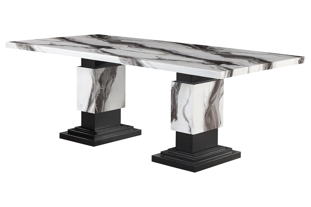 Mesa de mármol con columnas cilíndricas sobre fondo blanco.