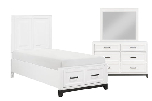 Conjunto de dormitorio blanco compuesto por una cama y un gavetero con espejo sobre fondo blanco.