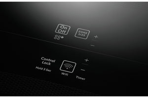 Primer plano de un panel de control doméstico inteligente de color negro con texto e iconos blancos para encendido/apagado, tamaño de zona, bloqueo de control, wifi y temporizador.