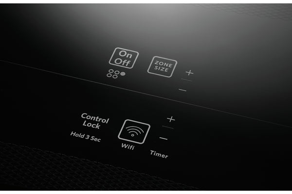 Primer plano de un panel de control doméstico inteligente de color negro con texto e iconos blancos para encendido/apagado, tamaño de zona, bloqueo de control, wifi y temporizador.