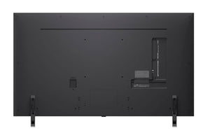 Vista posterior de un televisor de pantalla plana negro sobre un fondo blanco.