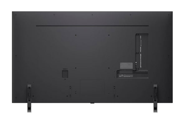 Vista posterior de un televisor de pantalla plana negro sobre un fondo blanco.