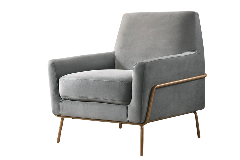Silla de acento de color gris con una base metálica dorada sobre un fondo blanco. 