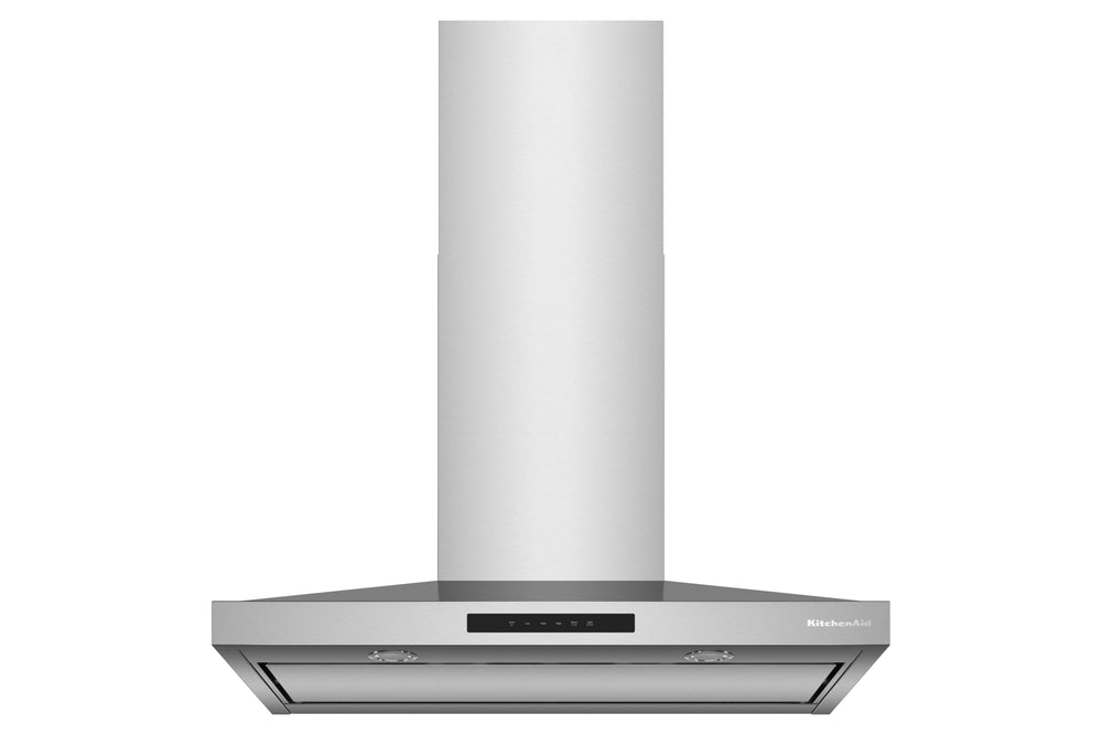 Una campana extractora de acero inoxidable con una chimenea cilíndrica alta y una base de extracción rectangular ancha, mostrada sobre un fondo blanco liso.