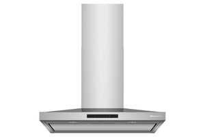 Una campana extractora de acero inoxidable con una chimenea cilíndrica alta y una base de extracción rectangular ancha, mostrada sobre un fondo blanco liso.