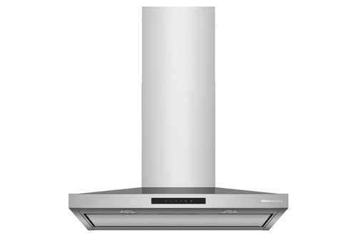 Una campana extractora de acero inoxidable con una chimenea cilíndrica alta y una base de extracción rectangular ancha, mostrada sobre un fondo blanco liso.