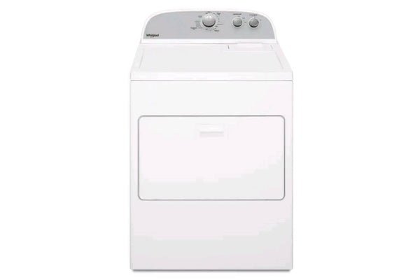 Secadora blanca con el logotipo de la marca sobre fondo blanco.