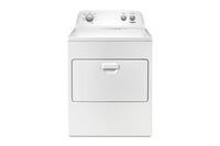 Secadora blanca sobre un fondo blanco. 