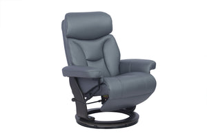 Sillón reclinable tapizado en gris con base giratoria negra, visto desde un ángulo de tres cuartos sobre un fondo blanco liso.