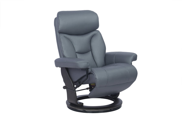 Sillón reclinable tapizado en gris con base giratoria negra, visto desde un ángulo de tres cuartos sobre un fondo blanco liso.