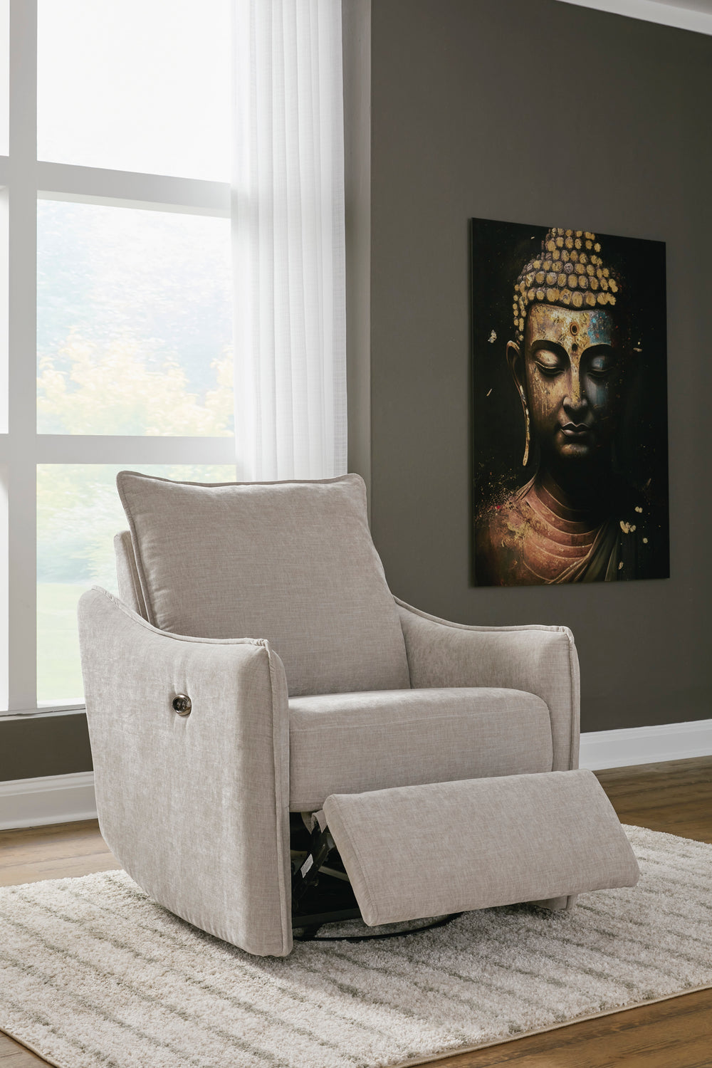 Sillón reclinable eléctrico y giratorio en tela azul texturizada, ideal para sala de estar moderna,