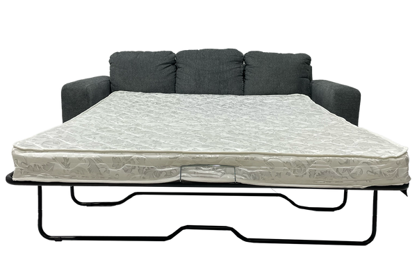 Sofá cama de color gris y mattress blanco.  