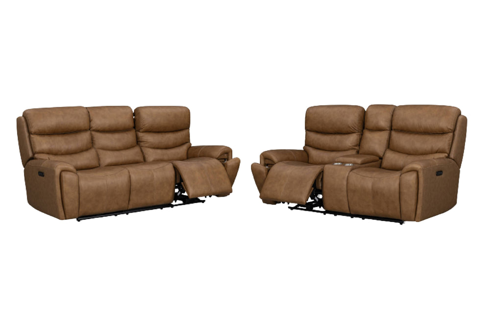 Juego de sala reclinable en color café con sofá de tres plazas y loveseat de dos plazas. Ambos cuentan con asientos reclinables, respaldo acolchado y brazos acolchonados; el loveseat incluye consola central con portavasos integrados.