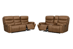 Juego de sala reclinable en color café con sofá de tres plazas y loveseat de dos plazas. Ambos cuentan con asientos reclinables, respaldo acolchado y brazos acolchonados; el loveseat incluye consola central con portavasos integrados.