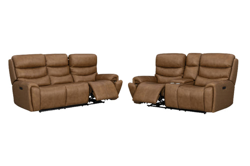 Juego de sala reclinable en color café con sofá de tres plazas y loveseat de dos plazas. Ambos cuentan con asientos reclinables, respaldo acolchado y brazos acolchonados; el loveseat incluye consola central con portavasos integrados.