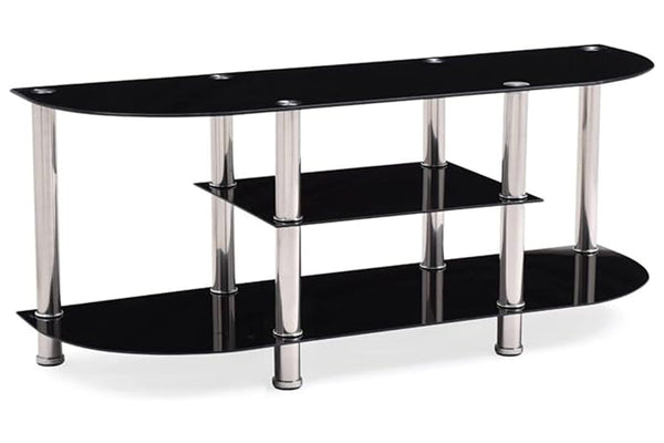 Soporte de televisión, hecho de base metálica con tope de vidrio negro, un estante chiquito en la base de la mesa, y un estante más grande debajo del tope en un fondo blanco. 