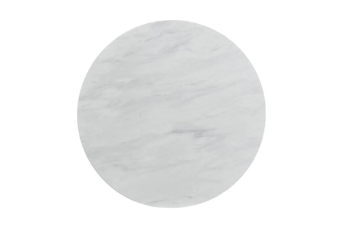 Mármol redondo con patrón jaspeado gris y blanco sobre un fondo blanco.