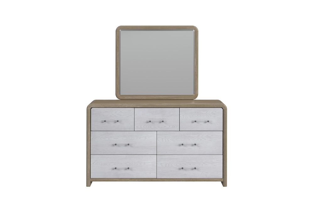 Gavetero moderno bicolor con estructura en tono madera clara y siete gavetas en gris claro con vetas visibles y tiradores metálicos horizontales. Incluye espejo rectangular con marco a juego, presentado de frente sobre fondo blanco.