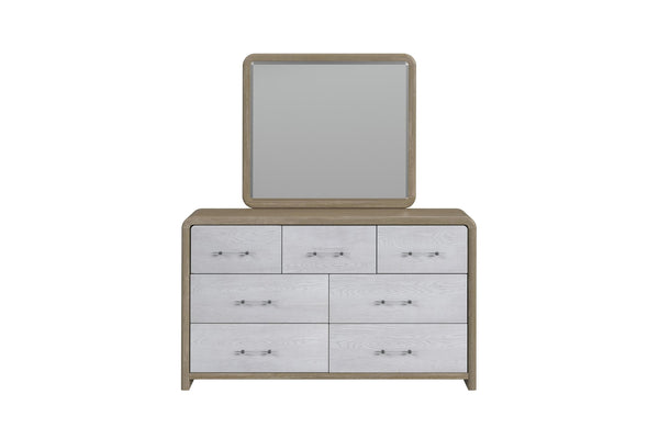 Gavetero moderno bicolor con estructura en tono madera clara y siete gavetas en gris claro con vetas visibles y tiradores metálicos horizontales. Incluye espejo rectangular con marco a juego, presentado de frente sobre fondo blanco.
