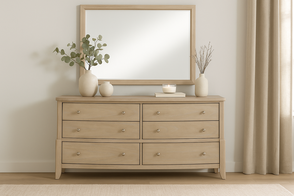 Gavetero con espejo hecho de madera de color crema con seis gavetas y con elementos decorativos en un entorno de habitación. 