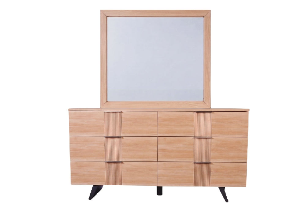 Un gavetero de madera de estilo moderno de mediados de siglo con seis gavetas, un espejo a juego con marco de madera y patas negras, presentado sobre un fondo blanco liso.