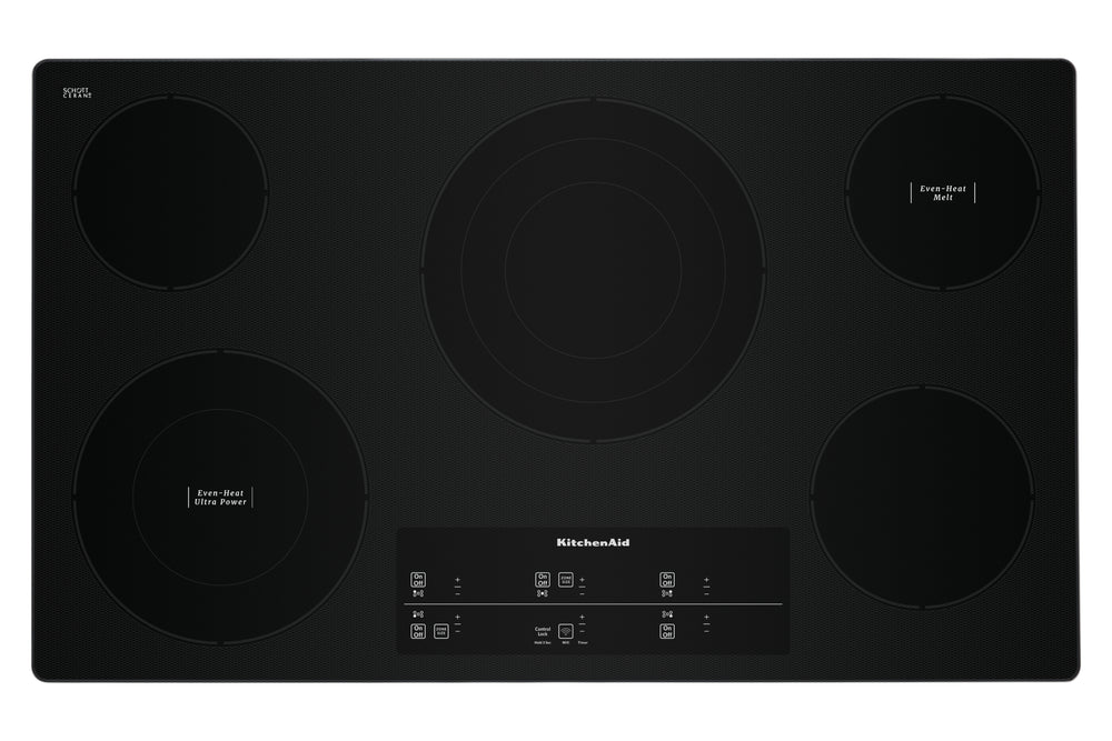 Un tope de cocción eléctrico KitchenAid negra con cuatro zonas de calentamiento circulares y un panel de control táctil en la parte inferior central, mostrada sobre un fondo blanco liso.