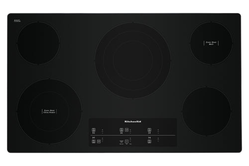 Un tope de cocción eléctrico KitchenAid negra con cuatro zonas de calentamiento circulares y un panel de control táctil en la parte inferior central, mostrada sobre un fondo blanco liso.