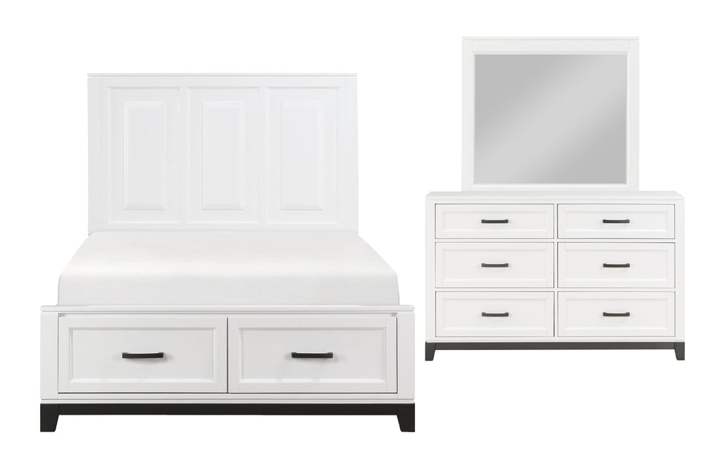 Conjunto de dormitorio blanco compuesto por una cama y un gavetero con espejo sobre fondo blanco.