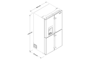 Esquema de una nevera de dos puertas con anotaciones dimensionales que muestran las medidas de altura, anchura y profundidad sobre un fondo blanco liso.