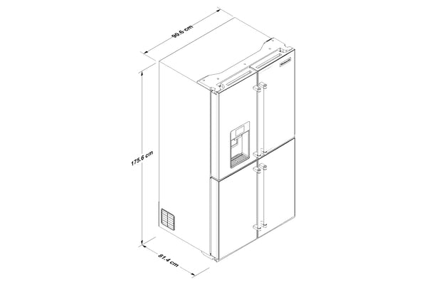 Esquema de una nevera de dos puertas con anotaciones dimensionales que muestran las medidas de altura, anchura y profundidad sobre un fondo blanco liso.