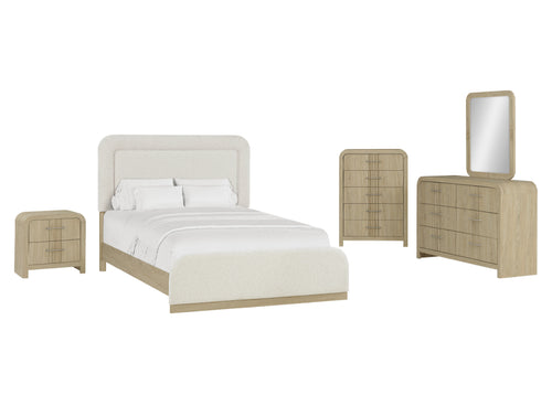 Conjunto de habitación hecha de madera de color crema con cama, un gavetero con espejo, una mesa de noche y un chest sobre un fondo blanco. 