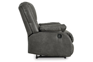 Vista lateral de butaca reclinable de gris sobre un fondo blanco. 