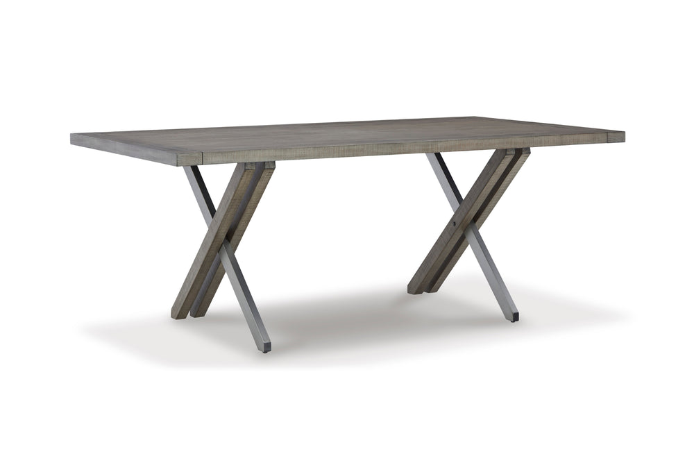 Mesa rectangular con tablero de madera y patas de metal sobre fondo blanco.
