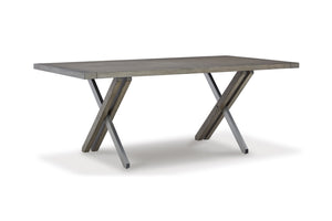 Mesa rectangular con tablero de madera y patas de metal sobre fondo blanco.