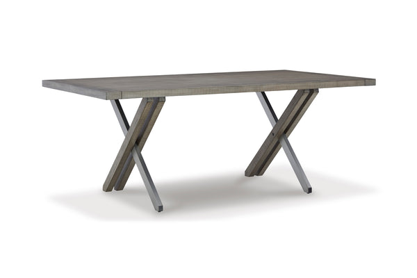 Mesa rectangular con tablero de madera y patas de metal sobre fondo blanco.