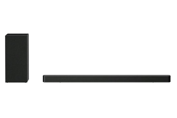 Barra de sonido negra y subwoofer sobre fondo blanco