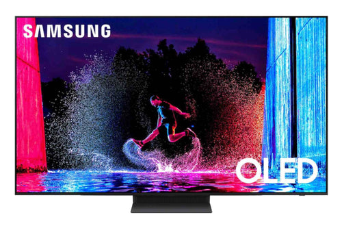 Televisor OLED de Samsung que muestra una escena colorida con agua y una persona en una tabla de surf.