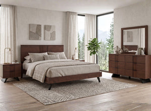 Juego de habitación en madera marrón con cama, mesas de noche, gavetero y espejo. Muebles con detalles acanalados y patas oscuras, ambientados en una habitación moderna y luminosa.