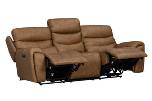 Sofá reclinable de tres plazas en color café con dos asientos laterales extendidos. Cuenta con respaldo acolchado de tres secciones, brazos acolchonados y mecanismo reclinable visible, diseñado para mayor comodidad y descanso.