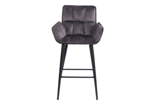 Vista frontal de silla "counter height" carbón con patas negras en un fondo blanco. 