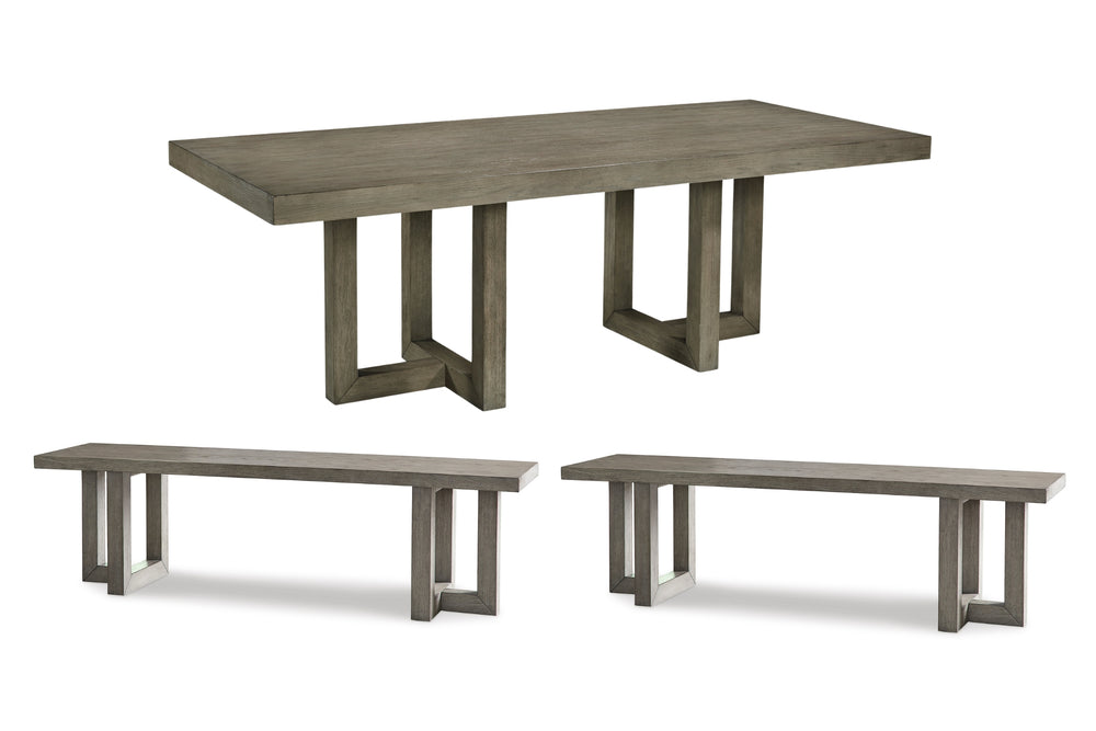 Una mesa de comedor rústica con acabado de hormigón gris y bancos a juego en fondo blanco