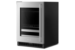 Una nevera para vinos empotrado bajo encimera con frontal de acero inoxidable, puerta de cristal negro y paneles laterales negros, que se muestra sobre un fondo blanco.