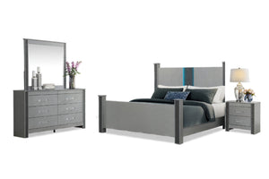 Conjunto de muebles de dormitorio grises con cama, gavetero y mesa de noche sobre un fondo blanco.
